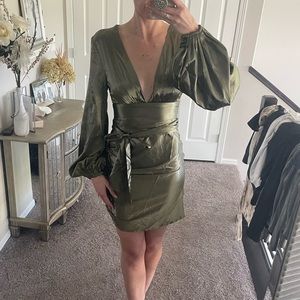 Satin Olive green dress with puff sleeves and belt
